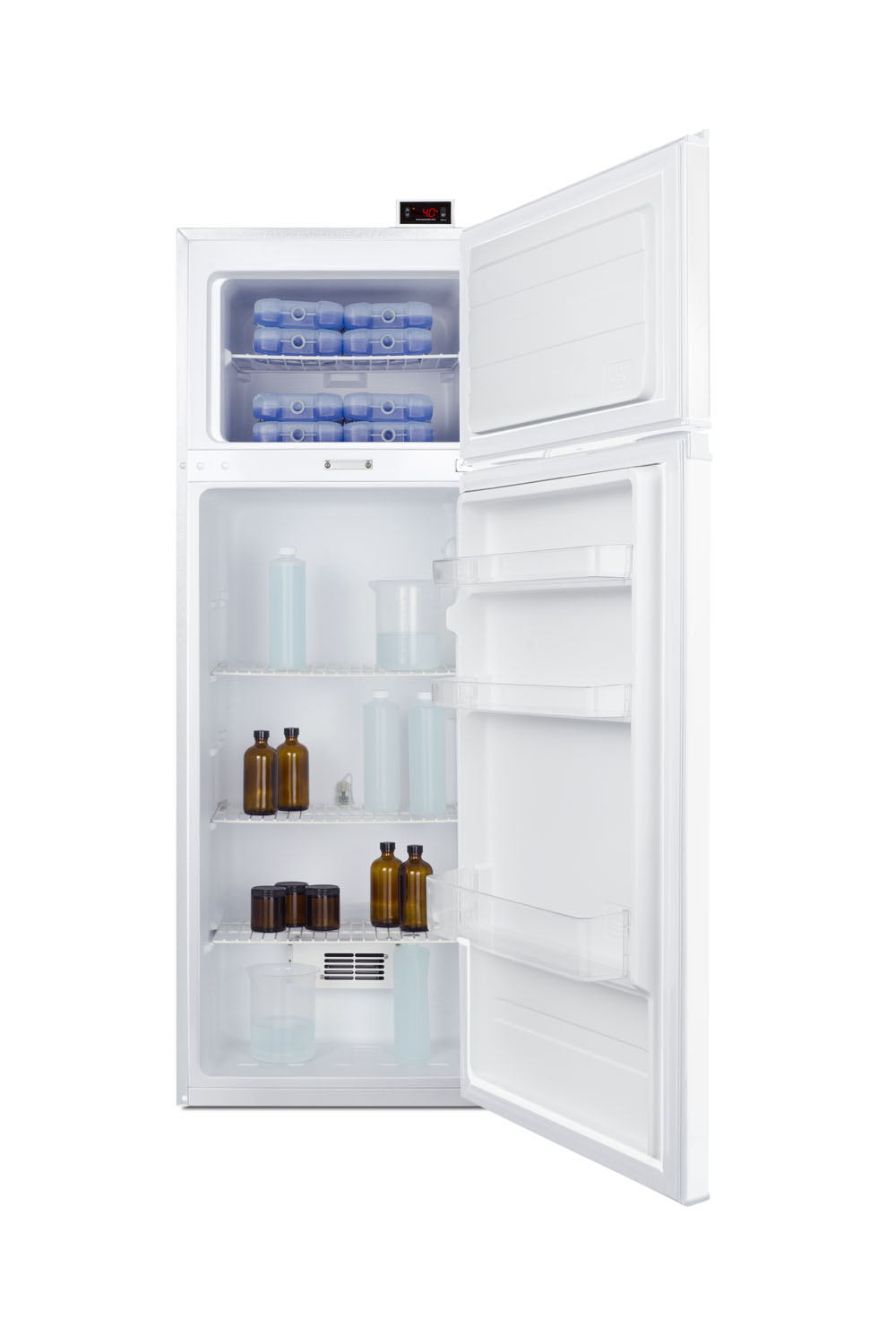 General purpose refrigerator-freezer with digital refrigerator control, internal fan, combination lock, and NIST calibrated alarm/thermometer